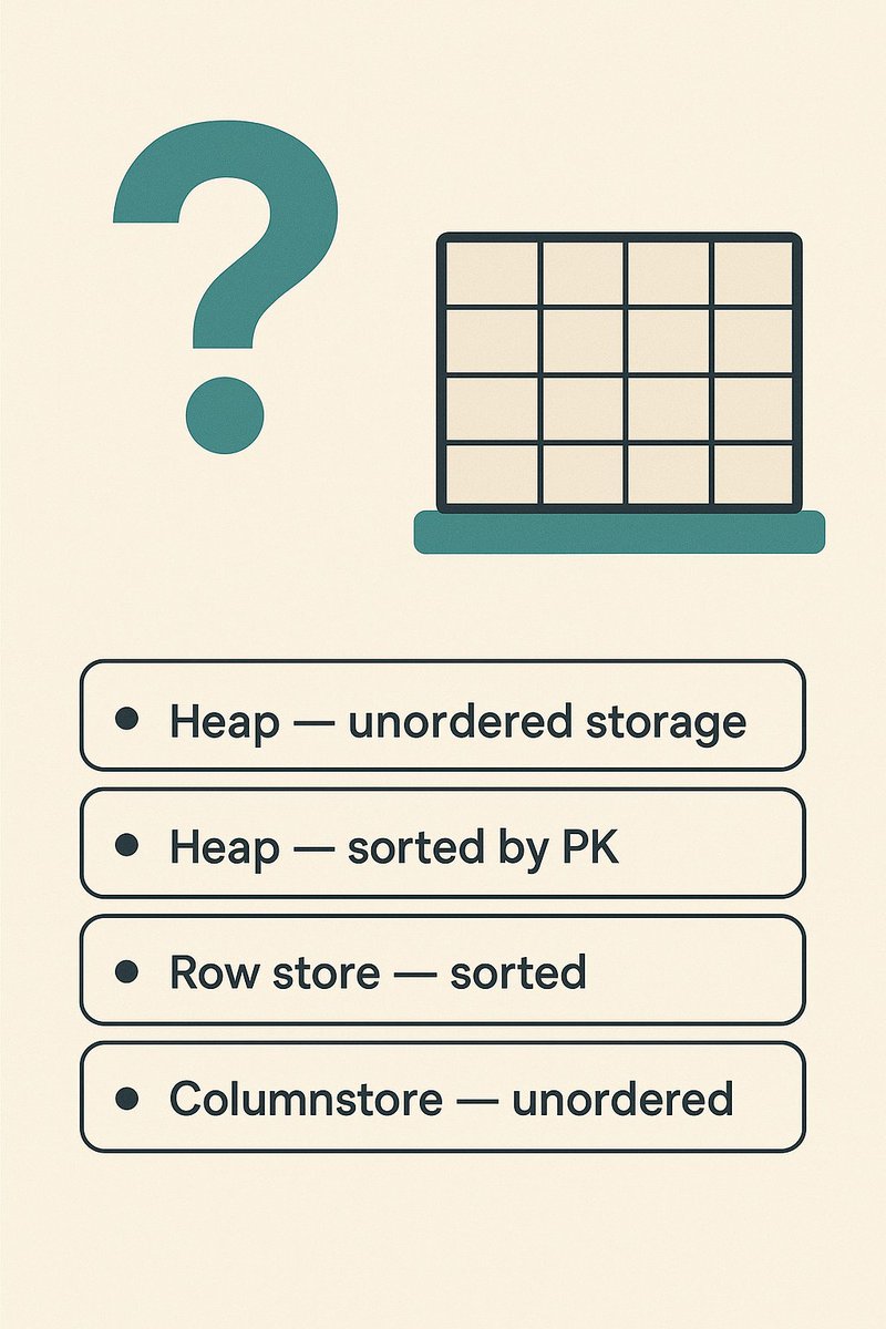 RezaTajari70's tweet image. #SQLQuiz

A table with NO clustered index is called what?
And what’s its most important characteristic?
Let’s see who answers correctly(Poll)

Poll options:
- Heap — unordered storage
- Heap — sorted by PK
- Row store — sorted
- Columnstore — unordered