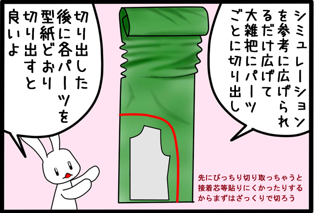 生徒さんが
部屋が狭くて布を広げられないというので
そういうこともあろうかと数年前こんな漫画を描いてました
丈の長いものは上下左右3～4cm大きめにざっくり切ってから
水通し、裁断をするといいよ
洋裁漫画 狭い部屋での裁断方法
https://t.co/6PpEXSlglx 
