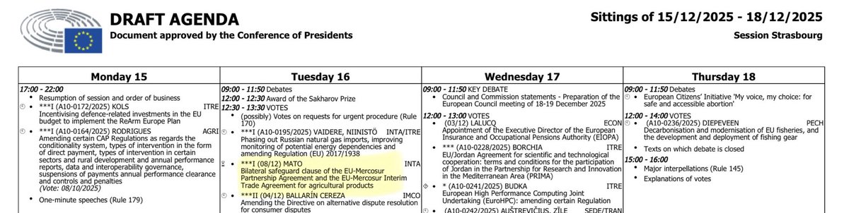 #EU #Mercosur: EP plenary to vote on bilateral safeguards and  interim trade agreement this Tuesday (16 Dec). Will Von der Leyen travel to Brazil to sign this agreement on Saturday 20 December?