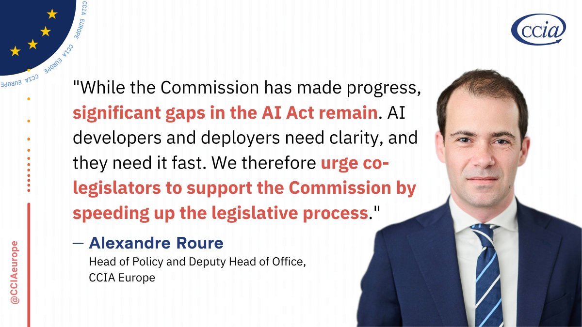 #Omnibus: "While the <a href="/EU_Commission/">European Commission</a> has made progress, significant gaps in the #AIAct remain. #AI developers and deployers need clarity, and they need it fast." 🚀 <a href="/AlexRoure/">Alex Roure</a>: "We urge co-legislators to speed up the process." 

👉 ccianet.org/news/2025/11/d… #UnlockEUInnovation