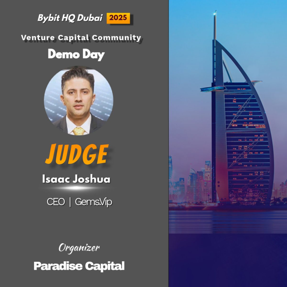 🔊 We are thrilled to announce <a href="/Isaac__Joshua/">Isaac Joshua</a>  CEO of Gems.vip as jury member of our upcoming VCC Demo Day (Dubai December Edition). 

Isaac is a Crypto-native capital strategist with a proven track record of raising over $200M across blockchain projects, token