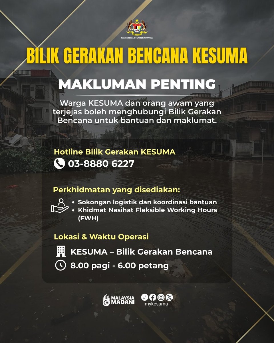 📢 BILIK GERAKAN BENCANA KESUMA AKTIF  

Warga KESUMA &amp; orang awam terjejas boleh hubungi Bilik Gerakan untuk bantuan &amp; maklumat.  

📞 03-8880 6227  
🕗 8.00 pagi – 6.00 petang  
📍 KESUMA  

✅ Logistik &amp; koordinasi bantuan  
✅ Nasihat Fleksible Working Hours  

#Bencana