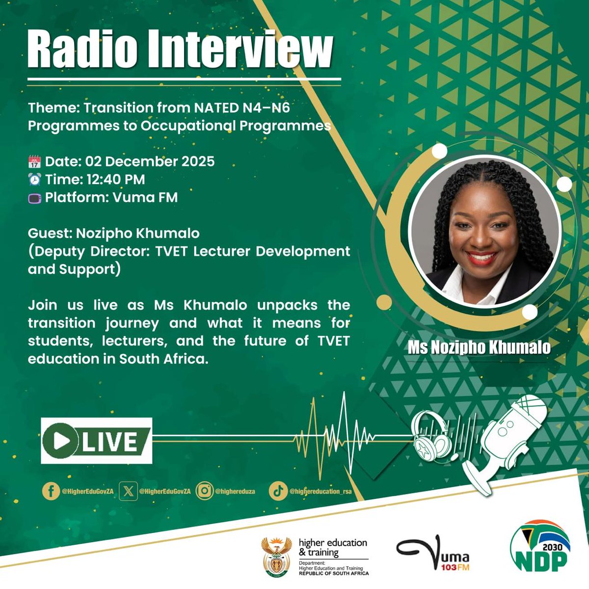Majuba_College's tweet image. 📻𝐓𝐫𝐚𝐧𝐬𝐢𝐭𝐢𝐨𝐧𝐢𝐧𝐠 𝐟𝐫𝐨𝐦 𝐍𝐀𝐓𝐄𝐃 𝐍𝟒–𝐍𝟔 𝐭𝐨 𝐎𝐜𝐜𝐮𝐩𝐚𝐭𝐢𝐨𝐧𝐚𝐥 𝐏𝐫𝐨𝐠𝐫𝐚𝐦𝐦𝐞𝐬

🎙️Catch Ms Nozipho Khumalo, Deputy Director: TVET Lecturer Development and Support, on Vuma FM.

#RadioInterview #TVETColleges #VumaFM #MajubaTVETCollege #DHET