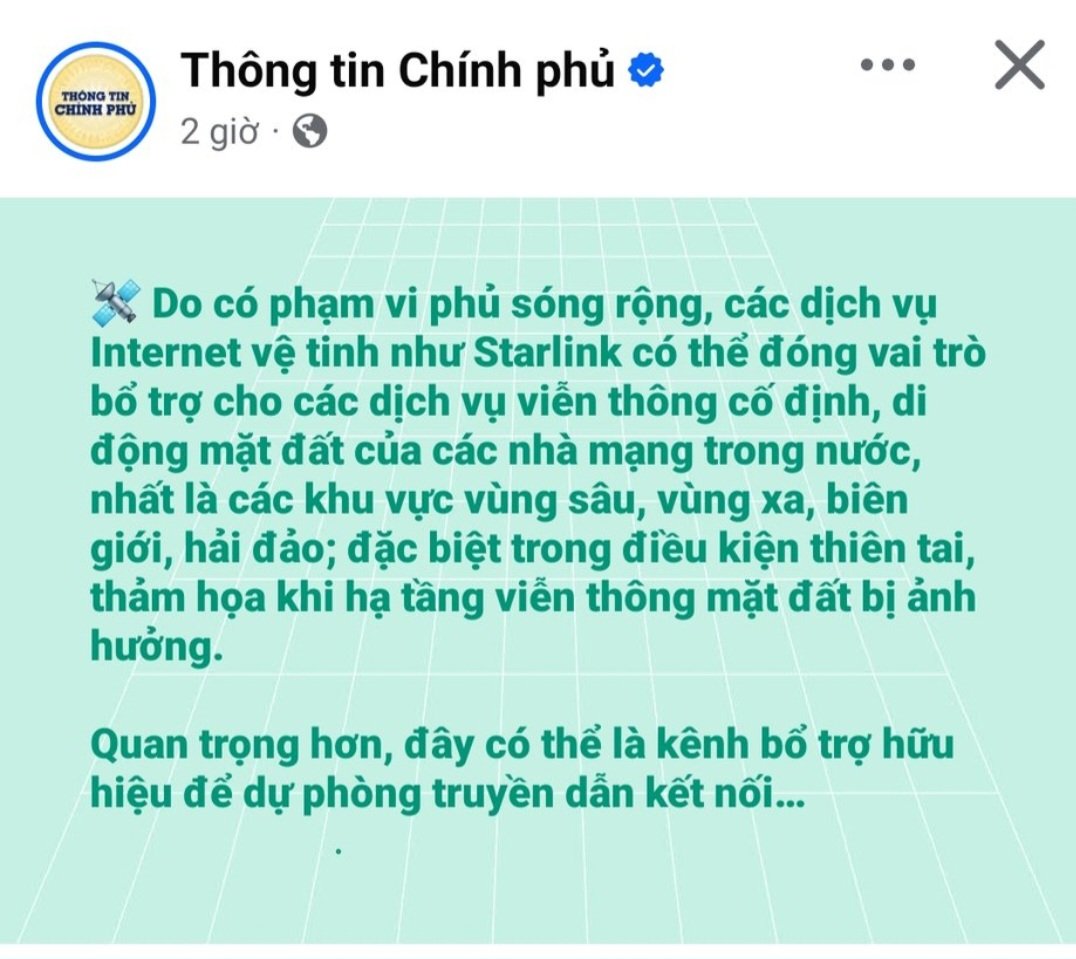 Nesaragesaraknm's tweet image. Khi Thông Tin Chính Phủ nói một đằng, thực tế lại đang diễn ra một nẻo.

Ngày 1-2/12/2025, fanpage “Thông tin Chính phủ” đăng một bài viết ngắn kèm hình vệ tinh, nội dung đại khái:  
“Do có phạm vi phủ sóng rộng, các dịch vụ Internet vệ tinh như Starlink có…