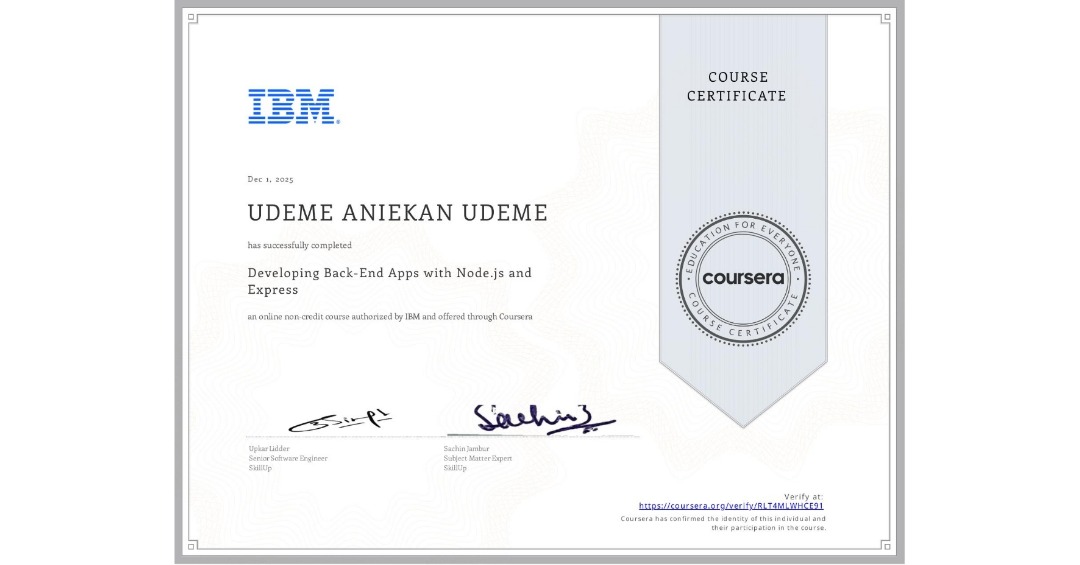 Darealudeme1's tweet image. Another One 💼&apos;d 
#Nodejs #Expressjs #BackendDevelopment #FullStackDevelopment #IBM #Coursera