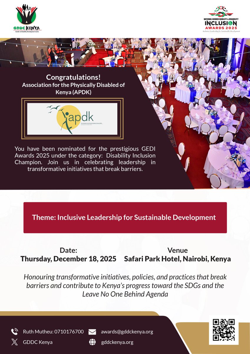 gddckenya's tweet image. Congratulations @apdkdisability on your nomination to the National GEDI Awards 2025. Your longstanding commitment to empowering persons with disabilities, advancing accessibility, and promoting inclusive development across the country is truly commendable. #GEDIAwards2025