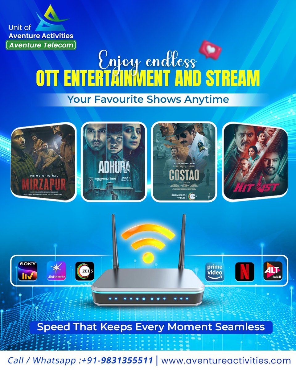 aventuretelecom's tweet image. Stream your favourite shows anytime with seamless OTT speed from Aventure Telecom.
📞 +91-9831355511 | 🌐 aventureactivities.com
#internetaddict