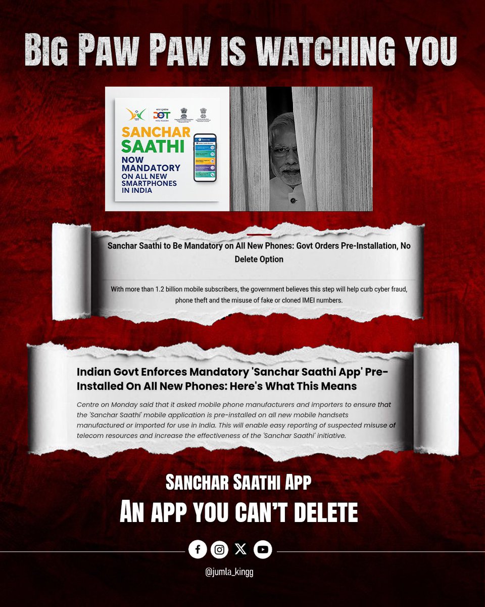jumla_king's tweet image. When a government wants to see everything, you do…
it’s not protection - it’s control
#PrivacyUnderThreat #SancharSaathi #DigitalControl #IndiaSpeaks #WakeUpIndia #DigitalFreedom