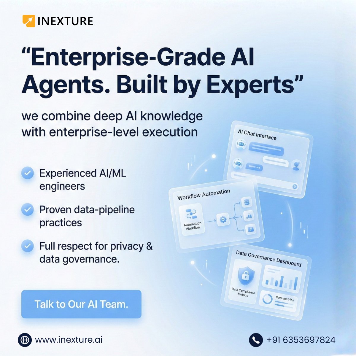 inexture's tweet image. We build enterprise-grade AI agents that automate workflows, execute decisions, and integrate with your existing stack  securely and at scale.

Ready to deploy yours?
🌐 inexture.ai |📩 sales@inexture.com

#AIAgents #EnterpriseAI #GenAI #AIAutomation #AIEngineering