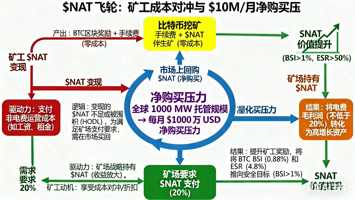 【 $NAT 可用于支付矿工电费，1000W美元/月的购买压力的飞轮效应启动！】

先说结论：

矿工用零成本的伴生矿支付成本 → 矿场获得高增值资产 → 市场产生持续购买压力 → $NAT 价格上涨 → 矿工利润增加 → 算力增加 → BTC 安全增强

细细道来：

$NAT