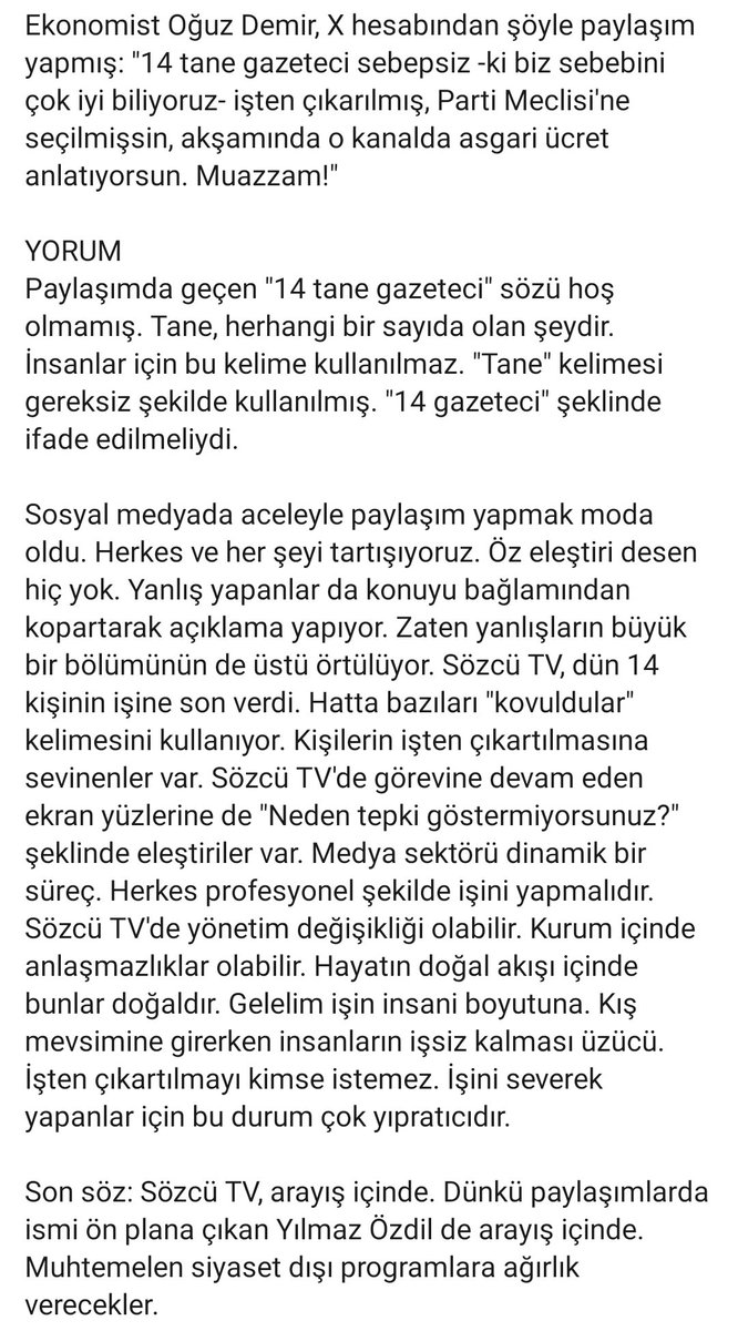 Sözcü TV, arayış içinde. Dünkü paylaşımlarda ismi ön plana çıkan Yılmaz Özdil de arayış içinde. Muhtemelen siyaset dışı programlara ağırlık verecekler.