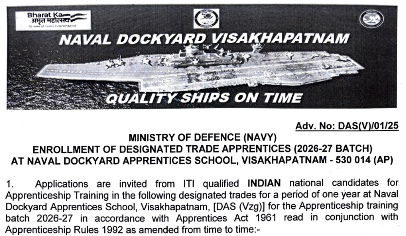 indiangovtjobs's tweet image. ✅ Naval Dockyard Visakhapatnam Recruitment 2025 [320 Apprentice Posts] - Last Date 02.01.2026

🔗 Apply Details: indgovtjobs.in/2015/12/Naval-…

#apprentice #jobalert #govtjobs #navaldockyard #Visakhapatnam
