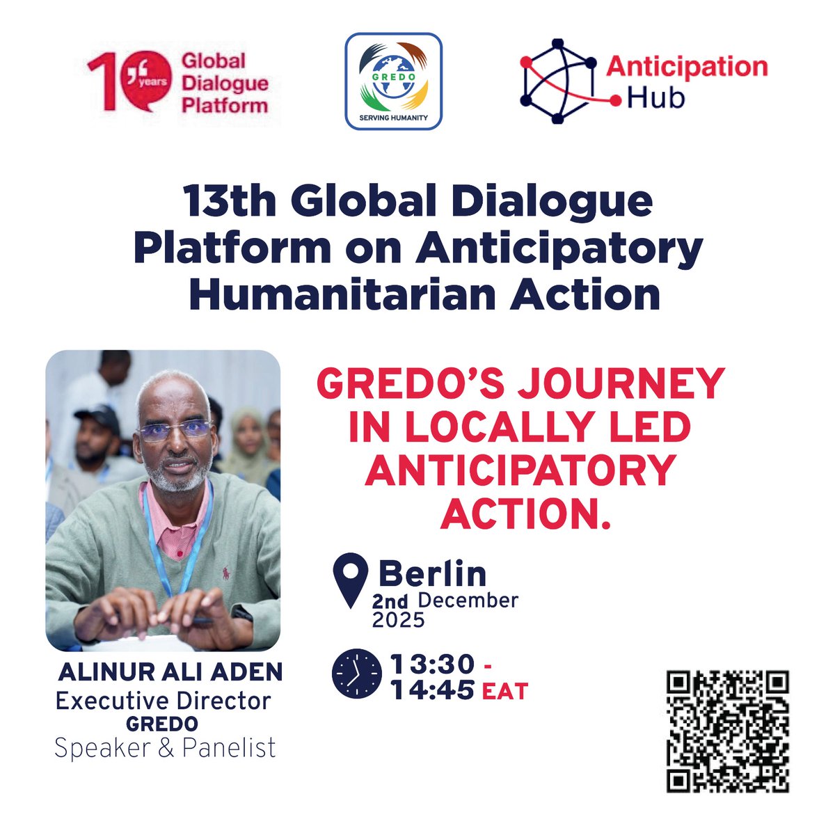 gredosom's tweet photo. @gredosom is proud to share its journey in Locally Led Anticipatory Action at the 13th Global Dialogue Platform on Anticipatory Humanitarian Action.

We are honored to have our Executive Director, @aden_alinur, joining the event as both a Speaker and Panelist — bringing local perspectives from Somalia’s frontline humanitarian context and insights on strengthening anticipatory action where it matters most.

As we reflect on 10 years of progress, this conversation will help shape a more resilient, inclusive, and locally driven humanitarian future.
📅 Today, 2nd December 2025
⏰ 13:30 – 14:45 EAT
📍 Berlin

Join us in this important dialogue and be part of shaping the next decade of anticipatory action.

#GlobalDP #AnticipatoryAction