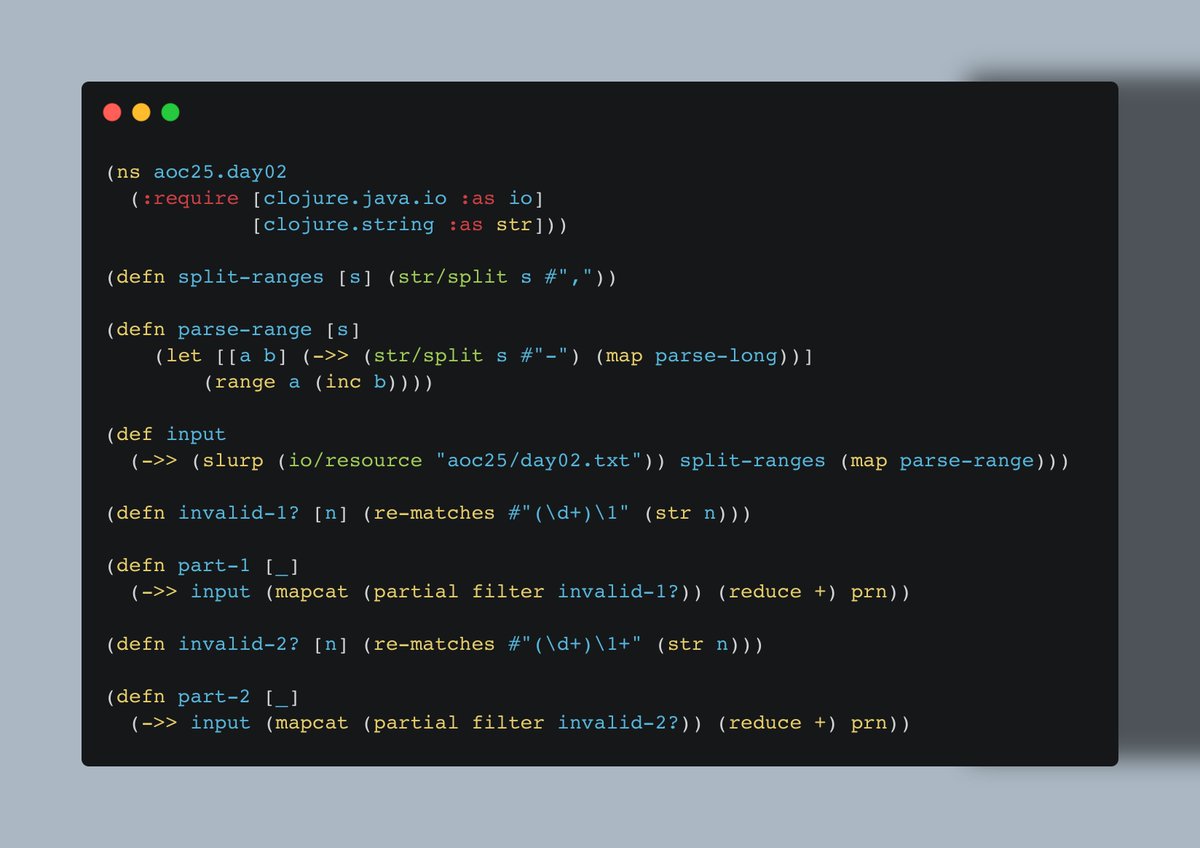 ch_mangelsdorf's tweet image. I just completed &quot;Gift Shop&quot; - Day 2 - Advent of Code 2025 adventofcode.com/2025/day/2 #AdventOfCode in #Clojure and #Babashka.