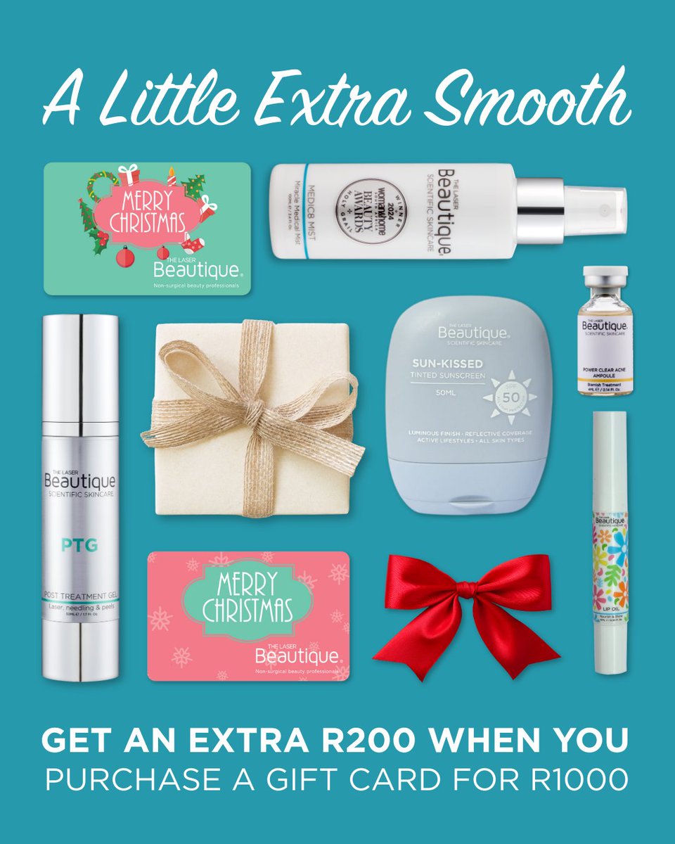 We’re giving you a little extra smooth this gifting season! ✨🎁
Purchase a TLB Gift Card for R1000 and we’ll add an extra R200 on us, because who doesn’t love a bonus glow?
#TheLaserBeautique #GiftOfGlow #FestiveGifting #TLBTribe #SelfCareGifts