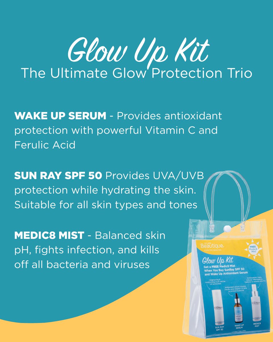 Protect your glow this sunny season with our Scientific Skincare Glow Up Kit! ☀️✨
Purchase a Sun Ray SPF 50 + Wake Up Antioxidant Serum and get a FREE Medic8 Mist valued at R600. Your summer skin will thank you!
#TheLaserBeautique #ScientificSkincare #SunSafety #GlowUpKit