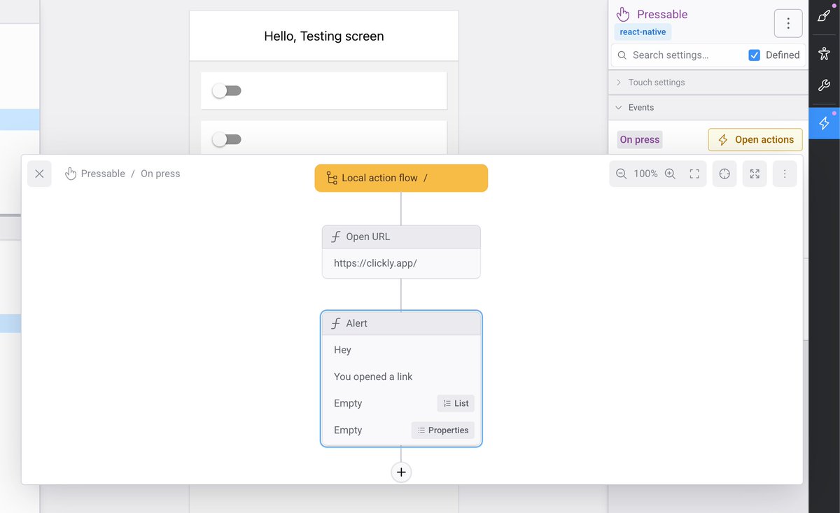 ClicklyApp's tweet image. The initial version of the action flows is now available.

Still many things to add and improve, but it&apos;s a good start.

#ReactNative #NoCode #MobileApp
