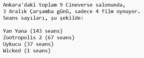 filmmaker_9's tweet image. Çarşamba günleri sinemalar 120 lira oldu, ne kadar güzel. İstediğimiz filme ucuza gideceğiz.
Acaba gerçekten öyle mi? Özellikle @paribucineverse, bu günlerde, popüler filmler lehine radikal bir seans değişikliği yapıyor.
Ankara özelinde araştırdım. Durum şu: