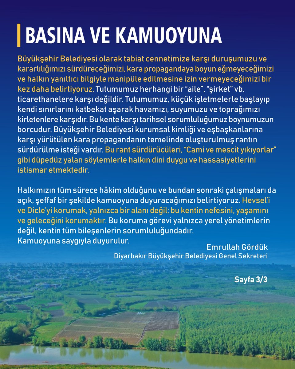 📣 BASINA VE KAMUOYUNA 

📌 UNESCO Dünya Mirası Listesi'nde yer alan Hevsel Bahçeleri ile Dicle Nehri Vadisi üzerinde bir süredir bazı çıkar gruplarının kimi mecralar üzerinden yürüttüğü kara propagandaya ilişkin açıklama.

#Diyarbakır #Amed #Hevsel