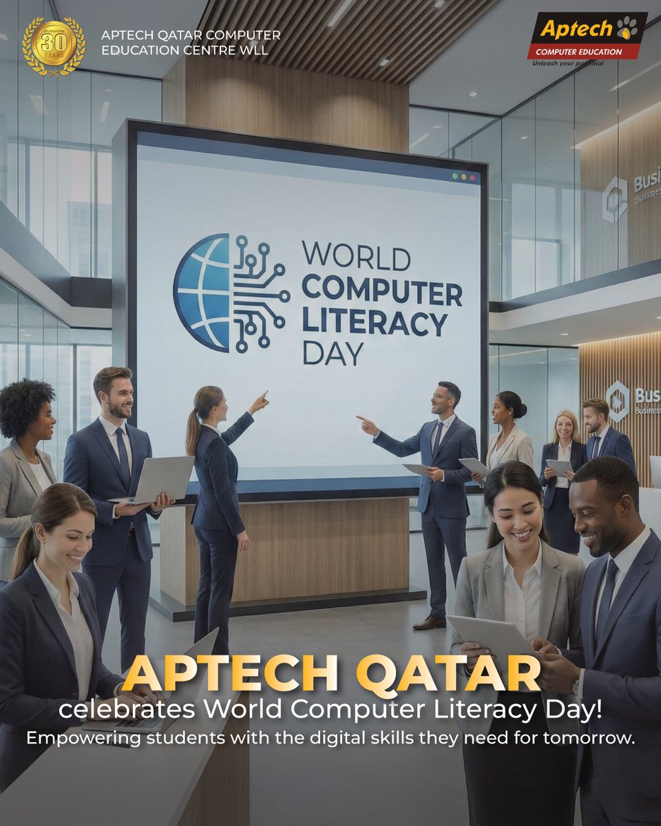 AptechQatar's tweet image. Celebrate World Computer Literacy Day!
Boost your digital skills and stay ahead in the tech-driven world. Every skill you learn today is an investment in your future! 

#ComputerLiteracy #DigitalSkills #FutureReady #AptechQatar #TechForAll