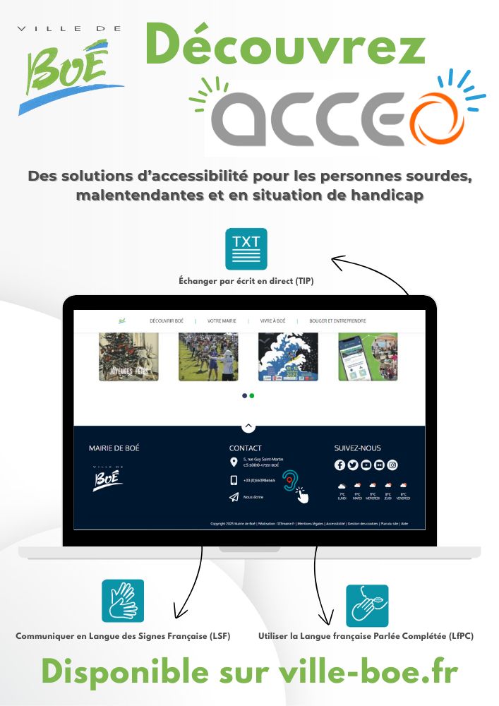 À partir du 1er décembre, la commune met en place Acceo, un service qui permet aux personnes sourdes, malentendantes ou ayant des difficultés d’élocution de contacter plus facilement les services municipaux.

En savoir plus 👉: ville-boe.fr/decouvrir-boe/…