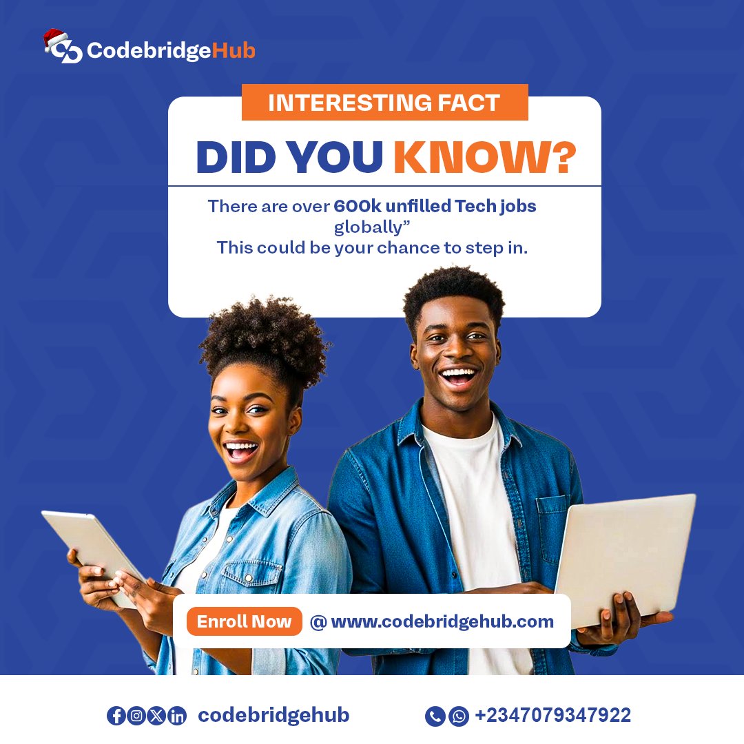 codebridgehub's tweet image. Your phone can do more than TikTok 📲 .  Learn to BUILD the next big app instead of just using it. 
600k tech jobs are unfilled, claim yours! @codebridgehub.com #techskills #coding #techfact