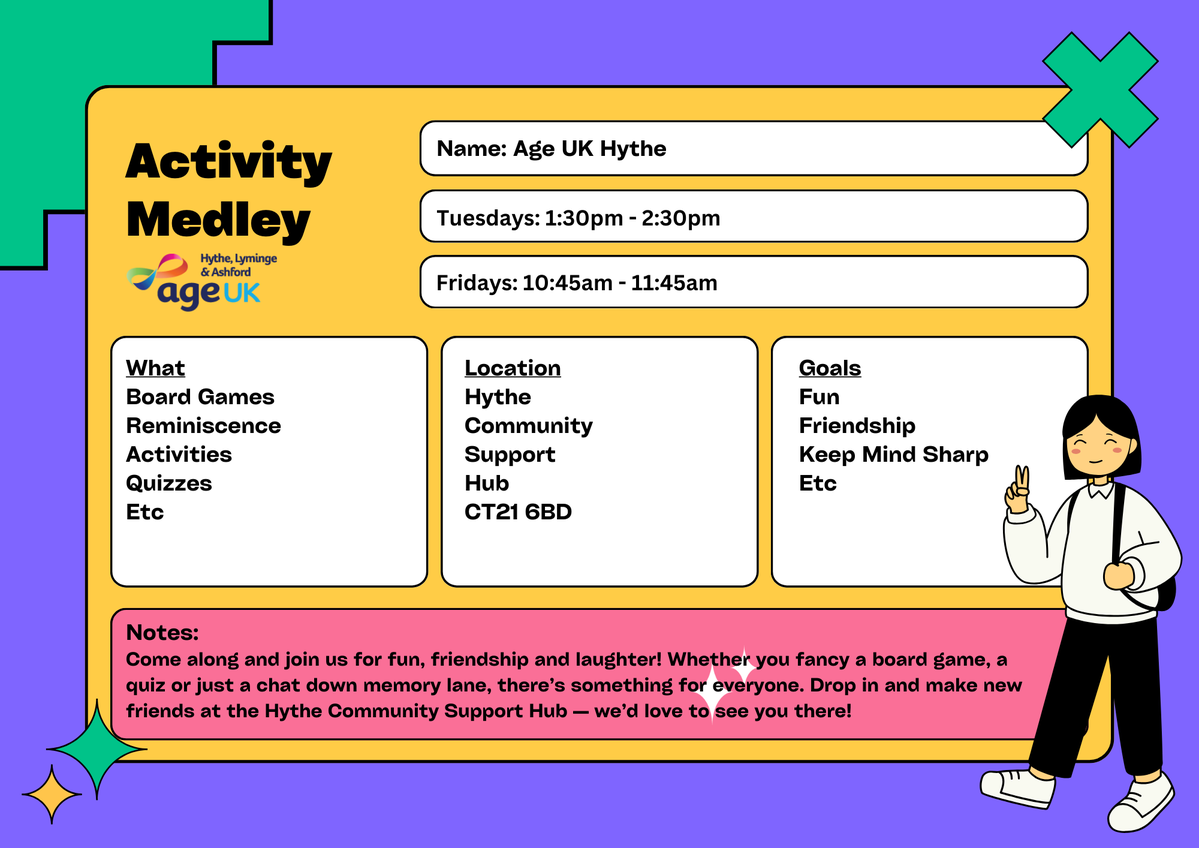 AgeUKHL's tweet image. 🎲 Activity Medley at Age UK Hythe! 💛

📅 Tuesdays 1:30–2:30pm
📅 Fridays 10:45–11:45am
💷 £7.30 per session

📍 Sanford House, Stade St, Hythe CT21 6BD
Games, quizzes, fun &amp;amp; friendly company — all welcome!

📞 01303 269602
#AgeUKHythe #Hythe #CommunityFun #StayConnected