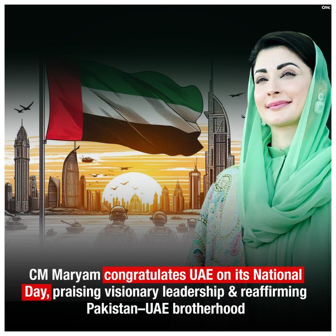 CM Maryam congratulates UAE on its National Day, praising visionary leadership &amp; reaffirming Pakistan-UAE brotherhood.