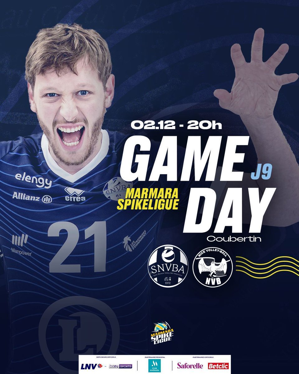 𝗝𝗢𝗨𝗥 𝗗𝗘 𝗠𝗔𝗧𝗖𝗛 💪

Nos Bleus reçoivent <a href="/Team_NVB/">Nice Volley Ball</a> dans le cadre de la J9 de Marmara SpikeLigue 👊

📺 LNV TV
📍 Pierre de Coubertin, Saint-Nazaire
⌚️ 20h
🎟️ billetweb.fr/pro/snvba 

𝙉𝙊𝙐𝙎 𝙎𝙊𝙈𝙈𝙀𝙎 𝙇𝘼 𝙑𝘼𝙂𝙐𝙀 🌊