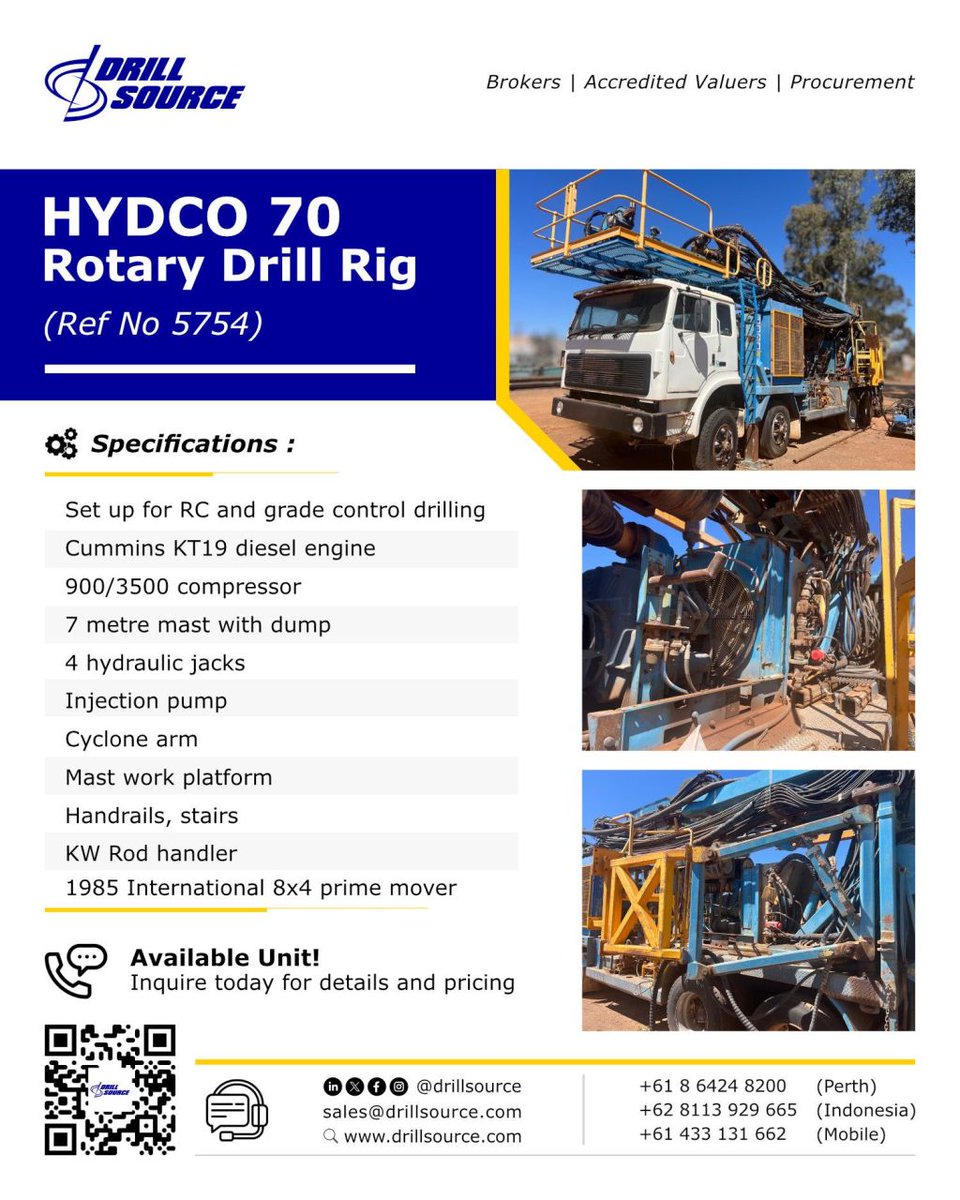 DrillSource's tweet image. Hydco 70 Rotary Drill Rig available.
Set up for RC and grade control drilling, powered by a Cummins KT19 engine with a 900/3500 compressor.
Visit our website for availability
Enquire at sales@drillsource.com

#oilandgas #CoreDrilling #MineralExploration  #Geotechnical