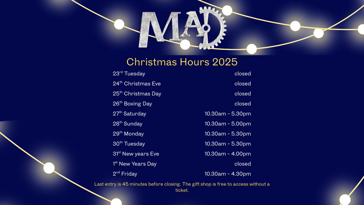 Our Christmas and New Year opening hours are listed below. We hope to welcome you over the festive period.📷
#MADMuseum #StratfordUponAvon #DaysOut #FamilyAttractions #VisitStratford
bit.ly/46STxMQ