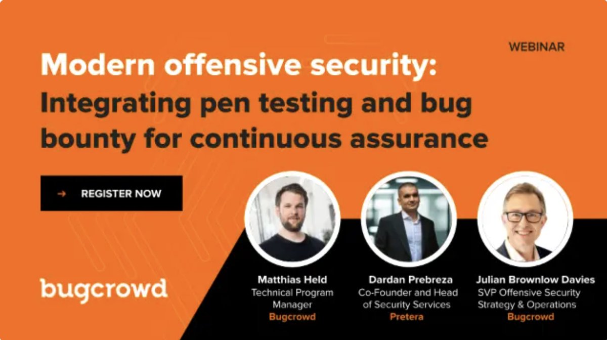 Bugcrowd's tweet image. It’s December. Budgets are closing, teams are OOO, and attackers are absolutely not slowing down 🫢😩

So how do you keep assurance running when #pentests end and the world keeps moving? 

On December 10 at 11am CET, join:
🎤 Matthias Held (Bugcrowd)
🎤 Dardan Prebreza (Pretera)…