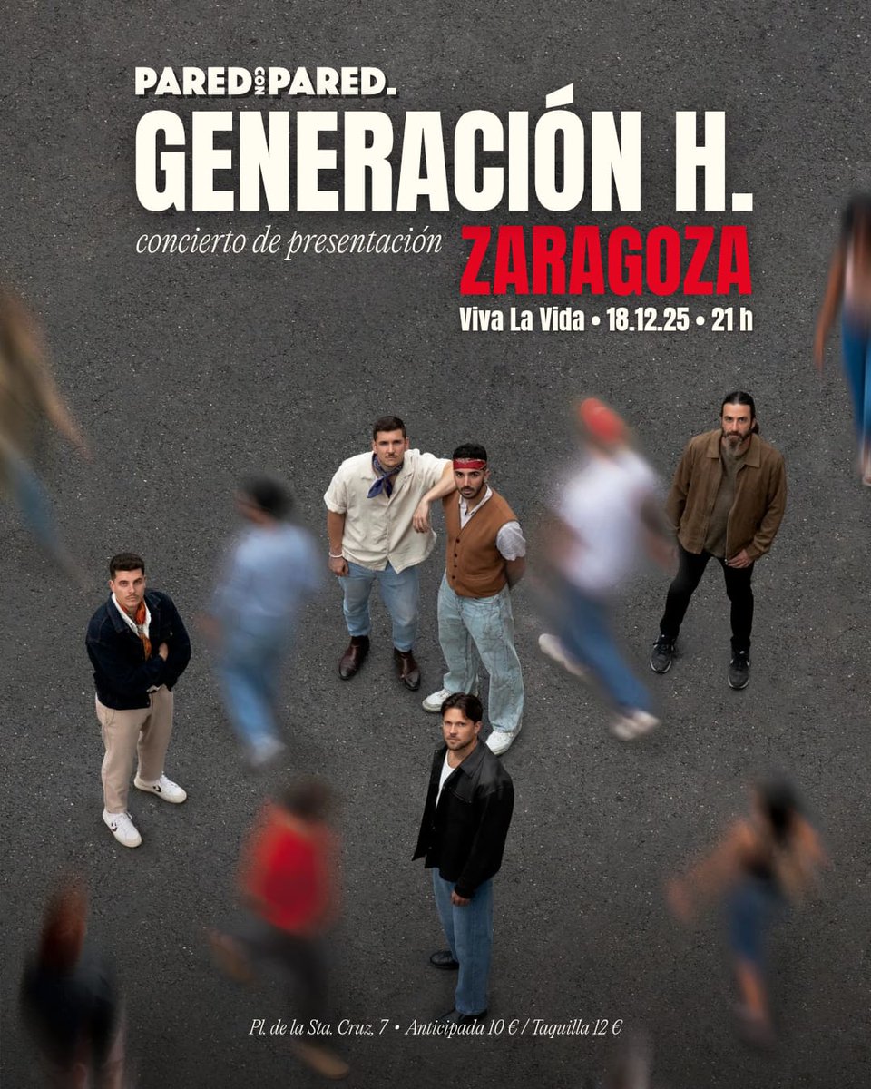 ZARAGOZA!! 
Concierto de presentación de "GENERACIÓN H." Va a ser una noche muy especial difícil de olvidar, con sorpresas, colaboraciones, bienvenidas y alguna lagrimica.🥲
Os esperamos!!❤️🖤
📅18/12/25
🕒21:00h.
📍Viva La Vida. Pza. Santa Cruz, 7.
🎫paredconpared.com/entradas