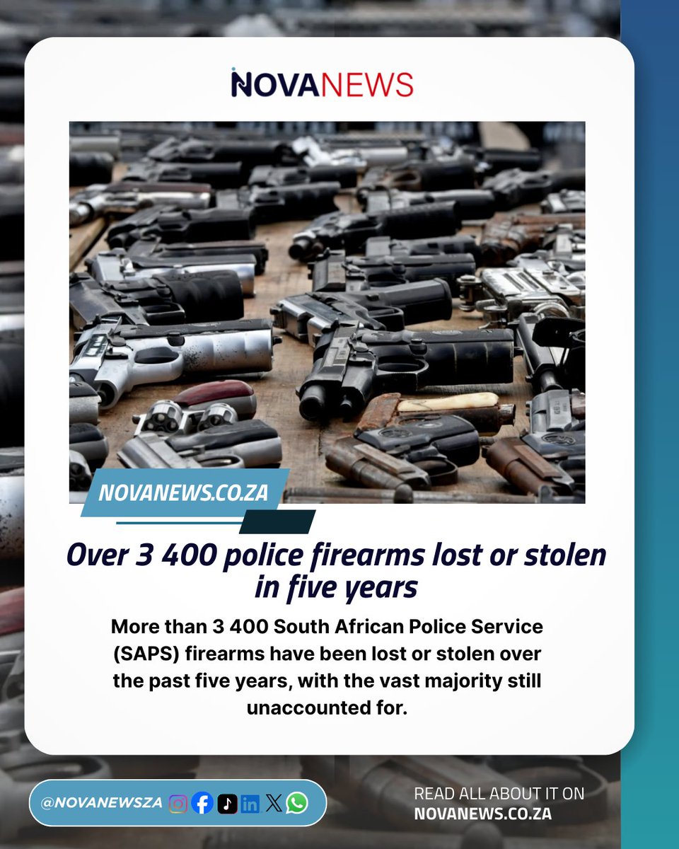 NovusMediaZA's tweet image. More than 3 400 SAPS firearms have gone missing in the past five year, with only 559 recovered.

Follow us for updates and be part of the conversation on - ow.ly/vlRo50XAtKO

#NovaNews #SAPS #GunControl #CrimeSA #SouthAfrica
