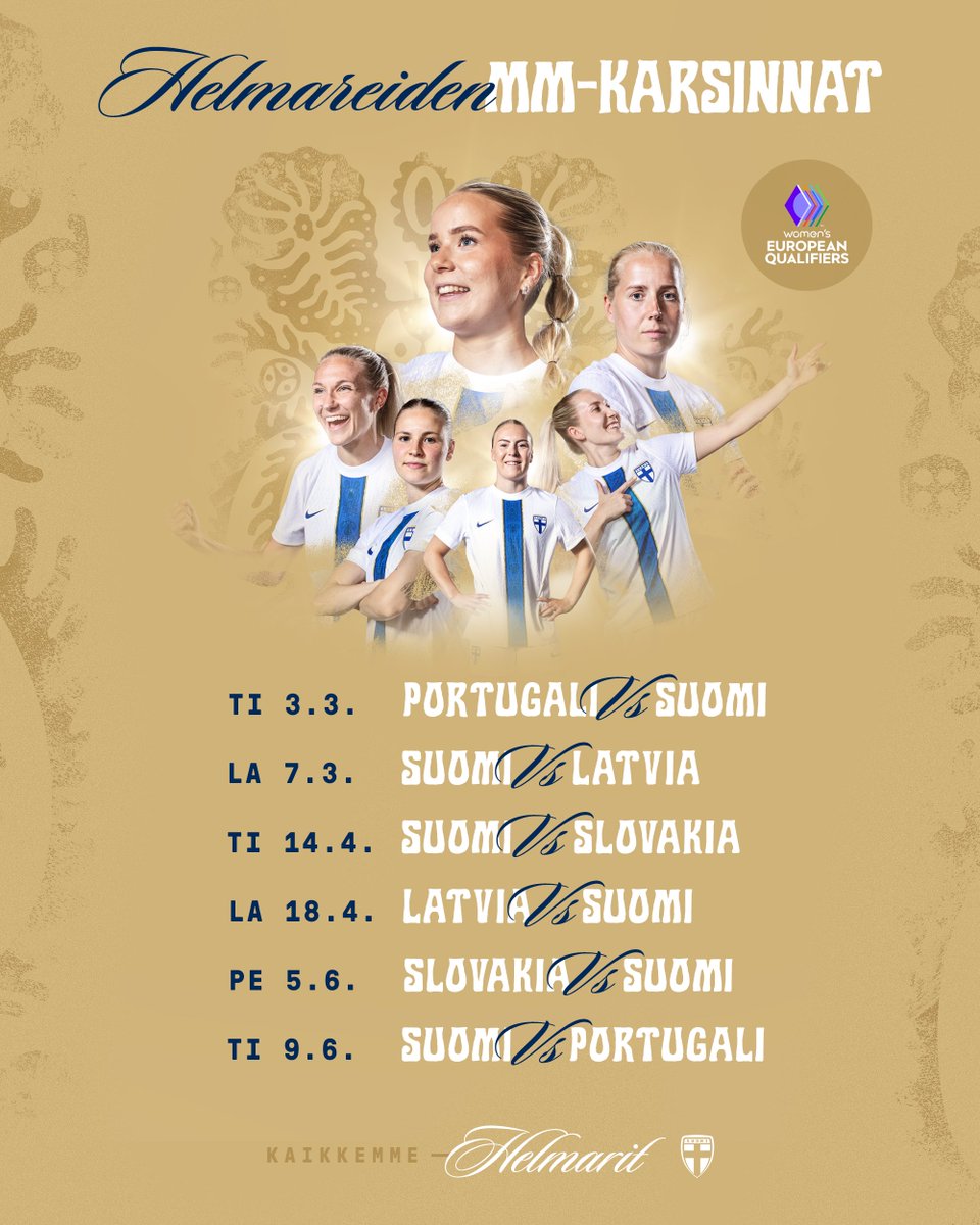 𝐌𝐔𝐈𝐒𝐓𝐔𝐓𝐔𝐒: MM-karsinnat ja matka kohti Brasiliaa alkaa maaliskuussa. Muista merkitä pelipäivät jo nyt kalenteriin.  😊🗓️

🏟️ Pelipaikoista, alkamisajoista ja lipunmyynnistä tiedotetaan myöhemmin.

ℹ️ B-liigassa jokaisen lohkon kolme parasta etenee MM-jatkokarsintoihin.