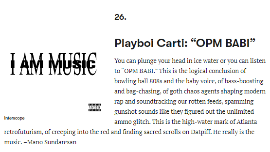 AstroMagazine_'s tweet photo. Pitchfork classe le morceau "OPM BABI" de Playboi Carti comme 26ème meilleur morceau de 2025... 👀

"Vous pouvez plonger votre tête dans de l'eau glacée ou écouter "OPM BABI". Ce morceau est la conclusion logique des 808s chaotique et de la baby-voice [...]

C'est la signature du retrofuturisme d'Atlanta [...] Il est là musique."