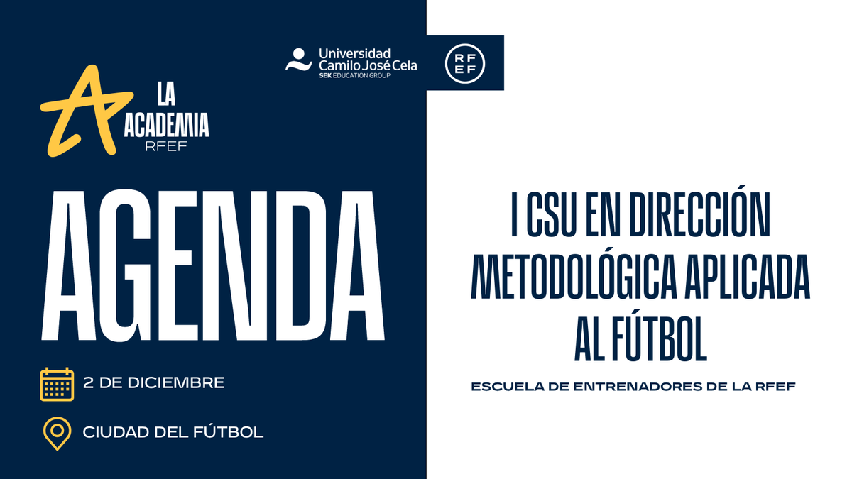 👨🏻‍🎓👩🏻‍🎓 ⚽️ AGENDA | Jornada 3️⃣ del ‘I CSU en Dirección Metodológica Aplicada al Fútbol' de la <a href="/rfef/">RFEF</a>

Invitados especiales ⤵️
🙋🏻‍♂️ Luis Cantarero
🙋🏻‍♂️ Nacho González

🗓 Hoy
⌚️ 10 horas
📍 Ciudad del Fútbol

#AcademiaRFEF