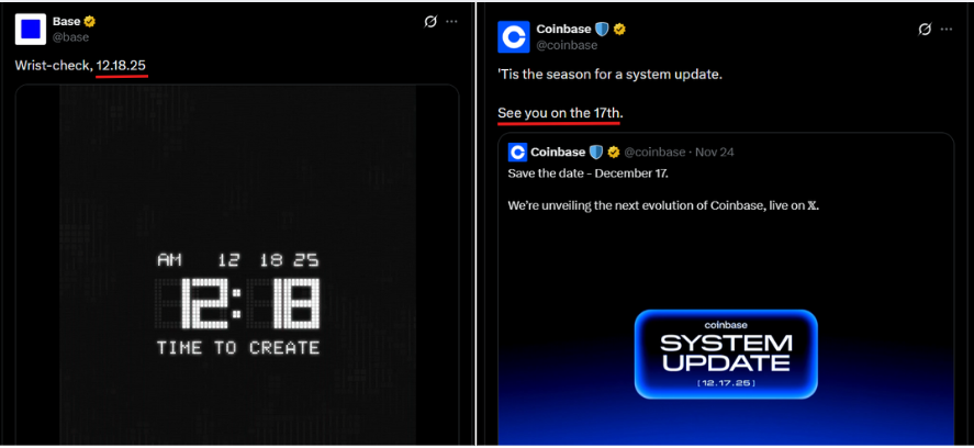 Base is hinting at something big for December 18

<a href="/coinbase/">Coinbase 🛡️</a>  Tweet : System update Date 17th Dec
<a href="/base/">Base</a>  Tweet : Time to Create Date 18th Dec

What is Going on? 👀