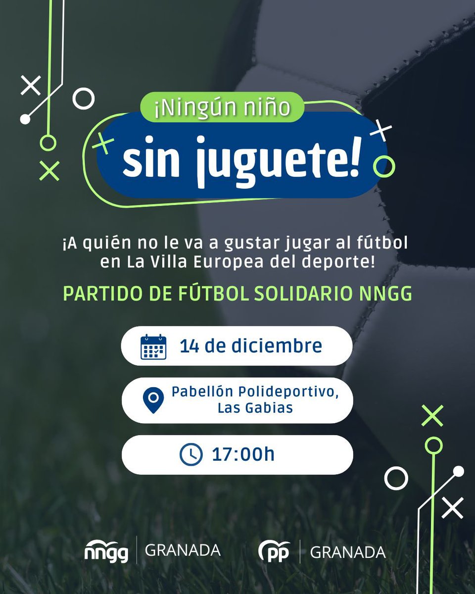⚽🧸El 14 de diciembre jugamos el partido más importante

👉🏼A las 17:00h en el Pabellón Polideportivo de Las Gabias

🎁 ¡Ningún niño sin juguete!
Puedes llevar tu donación el día del partido o dejarla antes en la Sede provincial del Partido Popular de Granada.

Comparte y súmate