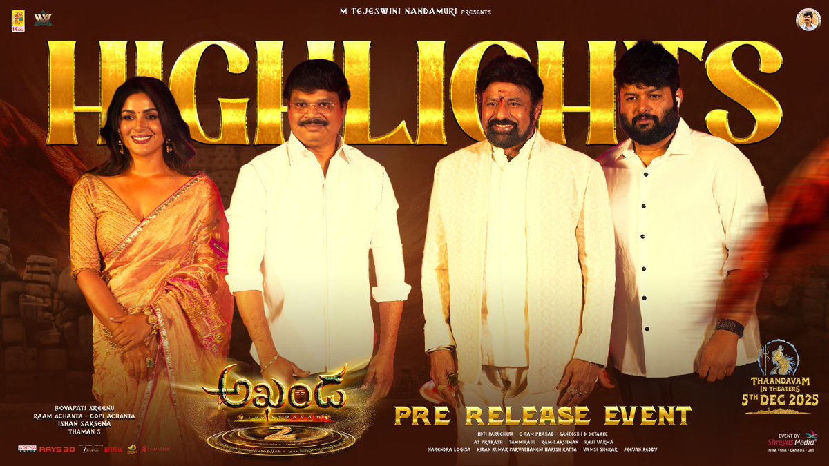 shreyasmedia's tweet image. #AkhandaThaandavam Pre-Release Event roared with Unstoppable Energy 💥

Watch It Here ▶️ youtube.com/live/yLOC-Xi46…

#Akhanda2 IN CINEMAS WORLDWIDE FROM DECEMBER 5th.

#AkhandaThaandavamPreReleaseEvent #Akhanda2