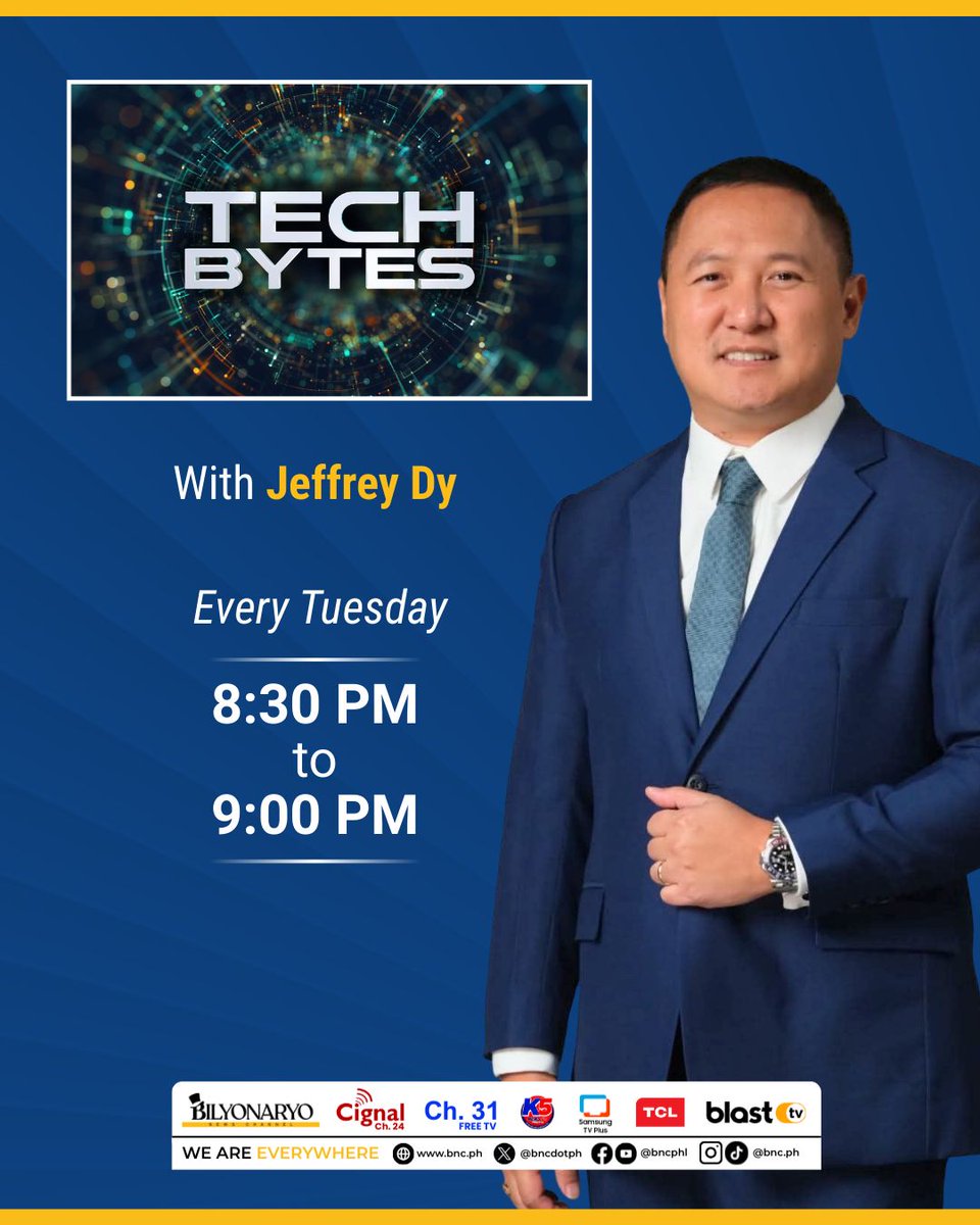 bncdotph's tweet image. Ready for your weekly tech fix? 

Join Jeffrey Dy on Tech Bytes as he breaks down new innovations, real-world challenges, and the tech shaping our daily grind.

Tuesdays • 8:30–9 PM