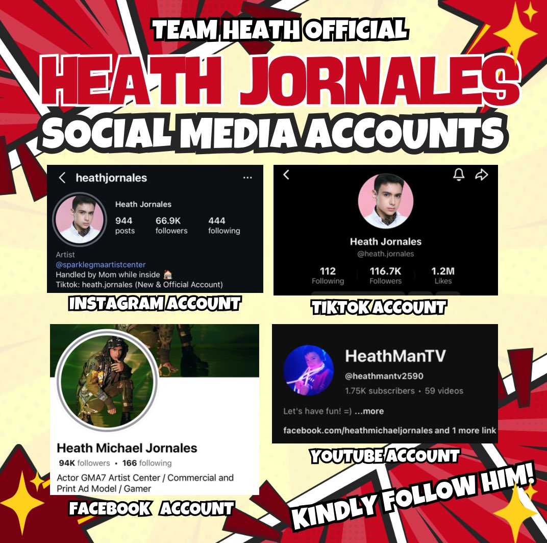 TeamHeathOfc's tweet image. Here are Heath’s Social Media Accounts! Let us all follow him and let the number shows how much he means to us! Gulatin natin si Moymoy sa mataas na bilang ng kanyang followers! Let’s go! 

If you are done following him, put a ❤️ sa reply section below!

Let’s work harder for our…
