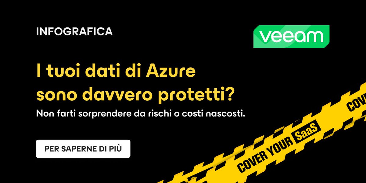 veeam_it's tweet image. Quanto sono sicuri i tuoi dati su #MicrosoftAzure? Complessità, costi imprevisti e ransomware sono rischi reali.
Con Veeam Data Cloud for Azure la protezione diventa semplice, immutabile e prevedibile.
Scopri cdi più 👉 bit.ly/441iver
