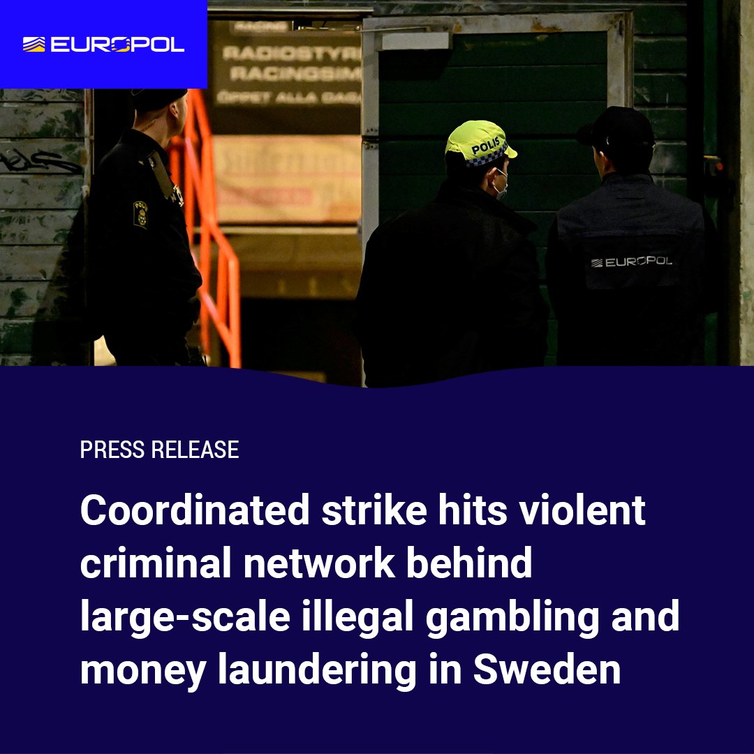 A coordinated operation in #Sweden 🇸🇪 &amp; #Spain 🇪🇸 has dismantled a violent criminal network involved in:
🔹 Illegal gambling (€20M turnover)
🔹 Money laundering
🔹 Drug trafficking

5 arrests, 6 house searches, and hundreds of thousands in seized goods: europol.europa.eu/media-press/ne…