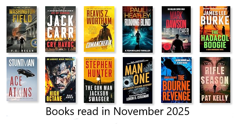 Abibliofob's tweet photo. #NovemberWrapUp
Not so many books this month but they where great.
#PatKelly
@bfreemanbooks
#LorenDEstleman
#StephenHunter
@AuthorDanAmes
@aceatkins
@JamesLeeBurke
@pbackwriter
@PaulHeatley3
@ReavisZWortham
@JackCarrUSA
@FXRegan https://t.co/ec3woFu9Zk