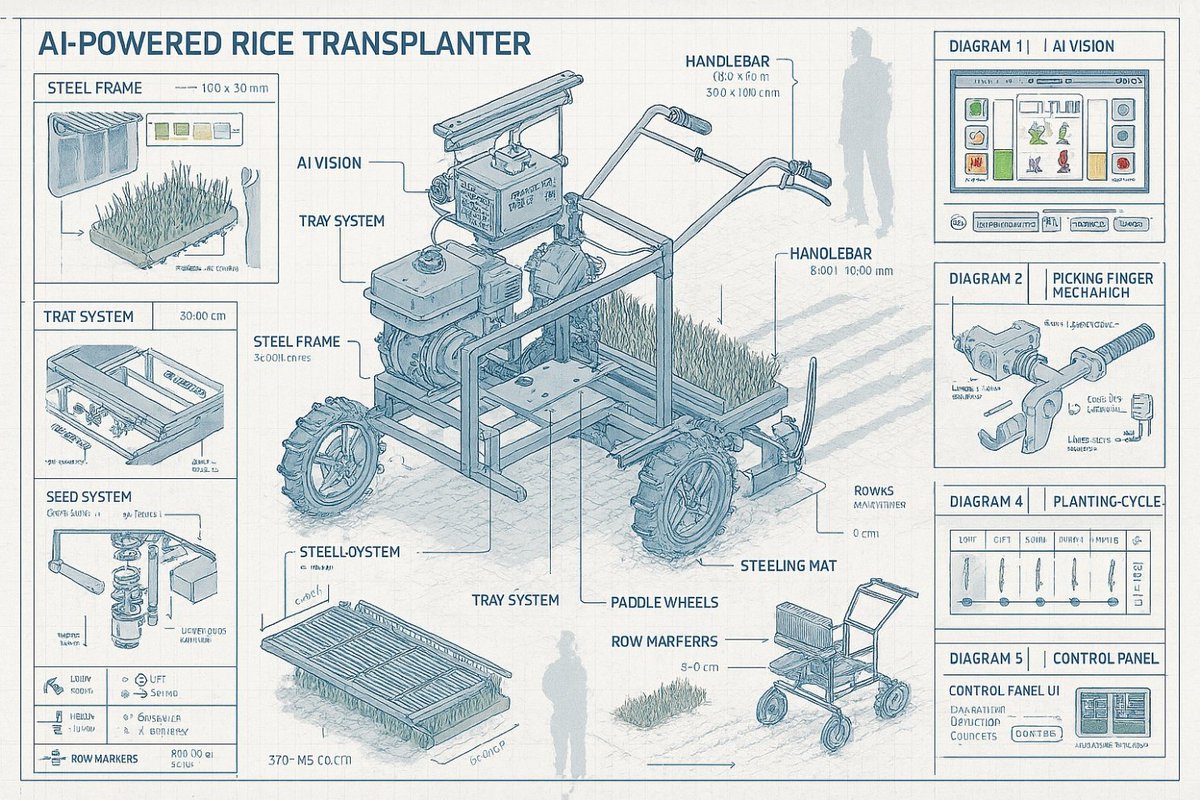 ndorobey_ix's tweet image. BAGAIMANA MENGUPGRADE MESIN RICE TRANSPLANTER MANUAL/SEMI OTOMATIS DENGAN AI PALING SEDERHANA?
( Sebuah Blueprint Prototipe Rice Transplanter AI-Integrated: Murah, Mudah, dan Aplikatif)

           🧵 A Thread
     (Seri - 1 dari 4 thread)

Mesin rice transplanter konvensional