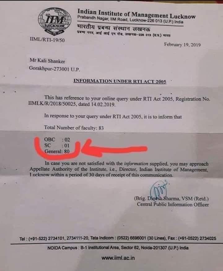 Navayan's tweet image. Indian Institute of Mythology, Lucknow.
Total faculty - 83
OBC - 2
SC - 1
General, Means Brahmin Savarnas - 80
Would you please implement reservation for  #EWS Economically Weaker Section of Brahmin Savarnas and remove OBC and SCs from these three faculty positions?