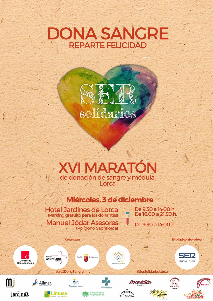 😍Quieres Ser un #Héroe❓
𝐗𝐕𝐈 𝐌𝐀𝐑𝐀𝐓𝐎́𝐍 de donación de sangre y médula💪𝐃𝐎𝐍𝐀 𝐒𝐀𝐍𝐆𝐑𝐄, 𝐑𝐄𝐏𝐀𝐑𝐓𝐄 𝐅𝐄𝐋𝐈𝐂𝐈𝐃𝐀𝐃
🗓️Miércoles 3 diciembre
📍 <a href="/JardinesHotel/">Hotel Jardines Lorca</a>  #Lorca de 9:30 a 14 y de 16 a 21:30h
📍 <a href="/mjodarasesores/">ManuelJódar asesores</a> de 9:30 a 14h
<a href="/AytoLorca/">Ayuntamiento Lorca</a> <a href="/SER_Lorca/">SER_Lorca</a> 👇