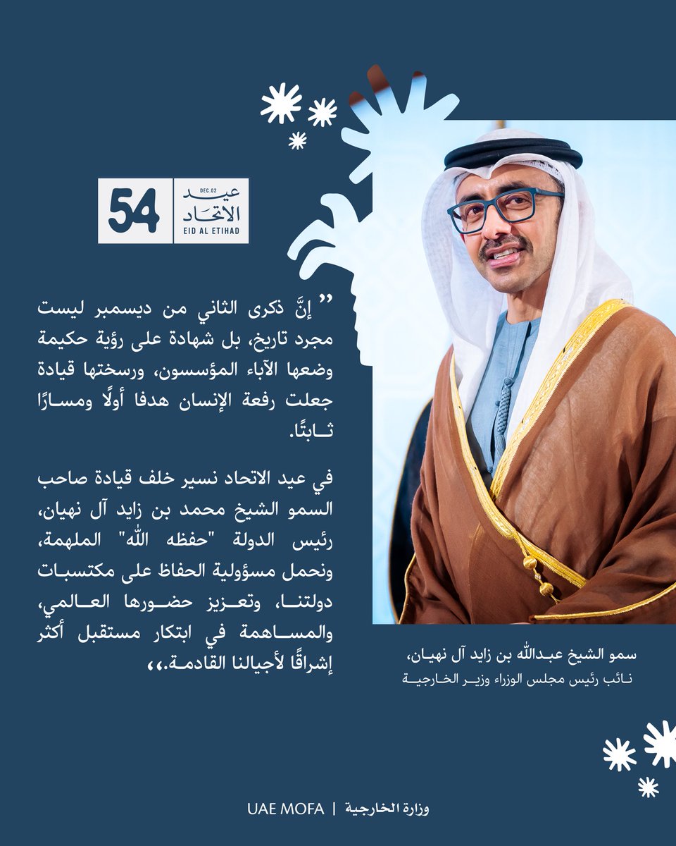 كلمة سمو الشيخ عبدالله بن زايد آل نهيان، نائب رئيس مجلس الوزراء وزير الخارجية بمناسبة عيد الاتحاد الـ54 
#عيد_الاتحاد_54 
#54_عامًا_في_مسيرتنا_متحدين  
#عام_المجتمع 
#وزارة_الخارجية 
#الإمارات 
#نحن_الإمارات_2031
