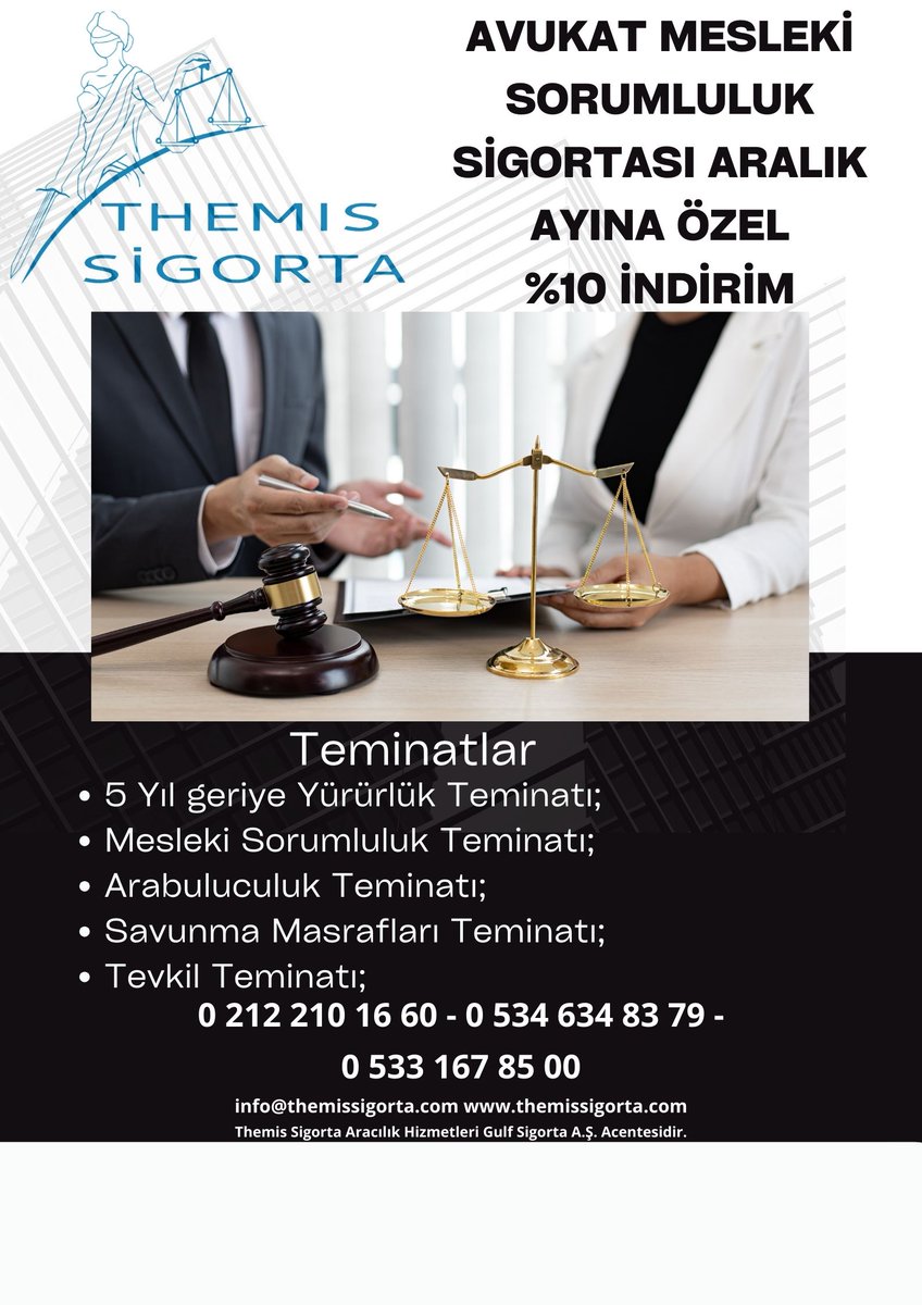 Avukat Mesleki Sorumluluk Sigortasında Aralık Ayına Özel %10 İndirim Kampanyası Poliçe Almak için bize ulaşın... 📷0 534 634 83 79 - 📷0533 167 8500 - 📷0212 210 16 60 - 📷info@themissigorta.com 📷themissigorta.com